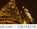 Kyiv Ukraine The main Christmas tree of the country near St. Sophia Cathedral, 11th century. Christmas lights at night sky. Bell tower square 136238238