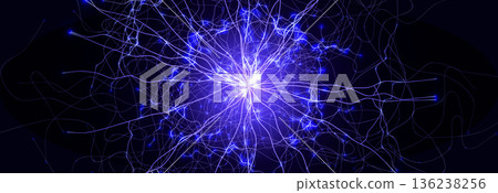 Brain Neural Network Flash AI Data Flow Technology Background Digital Net, Scientific Research. Science Medical Health Tech Banner. Nervous System Structure, Glowing Fractal. Vector Illustration 136238256