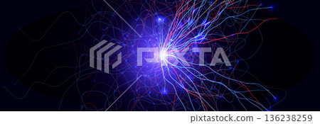 Neuron Firing Human Brain Neural Network Innovate Science Technology Background. Medical Neurology Bio Tech Scientific Research Banner Flash Glow Fractal. Blue AI Digital Net. Vector Illustration 136238259