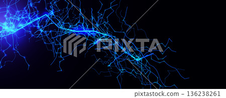 Lightning Thunderbolt Strike Black Night Background, Blue Glow Light Effect Thunder Bolt. Realistic Spark Lightening Discharge Burst, Electric Shock Current. Energy Charge Line. Vector Illustration. 136238261