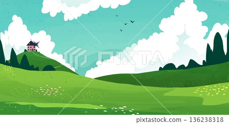 Green mountain meadow, rolling hills with windmill 136238318