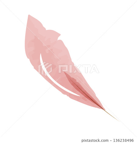 A single, light pink watercolor leaf artwork is centrally placed on a clean white background. A single, light pink watercolor leaf artwork is centrally placed on a clean white background. 136238496