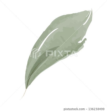 A single, soft green watercolor leaf floats on a plain white background. The hand-painted style shows delicate color variations, creating a natural and serene botanical illustration. 136238499