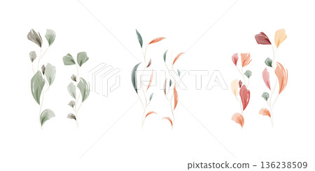 Three unique watercolor leaf arrangements appear on a plain white background. Each delicate plant features thin stems and soft, colorful foliage in varying shades of green, orange, red, and brown. Three unique watercolor leaf arrangements appear on a plain white background. Each delicate plant features thin stems and soft, colorful foliage in varying shades of green, orange, red, and brown. 136238509
