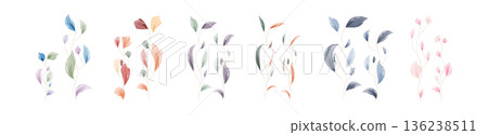 Six distinct watercolor paintings display delicate leaves on thin stems. The diverse color schemes include shades of blue, green, orange, purple, and pink. Six distinct watercolor paintings display delicate leaves on thin stems. The diverse color schemes include shades of blue, green, orange, purple, and pink. 136238511