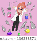Illustration of a female scientist sitting surrounded by laboratory equipment 136238571