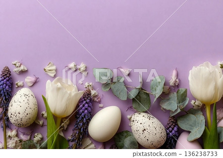 Easter card with flower design eggs, hyacinths, flower decor on pastel purple background Easter card with flower design eggs, hyacinths, flower decor on pastel purple background 136238733
