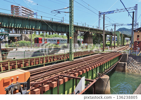 A JR train passes by the historic Mojiguchi Gate Ruins in Kokurakita Ward, Kitakyushu City. 136238805