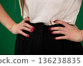 woman with hands on waist body parts of a young woman on a green background 136238835