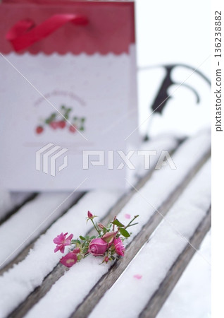 Pink mini roses on a snowy bench 136238882