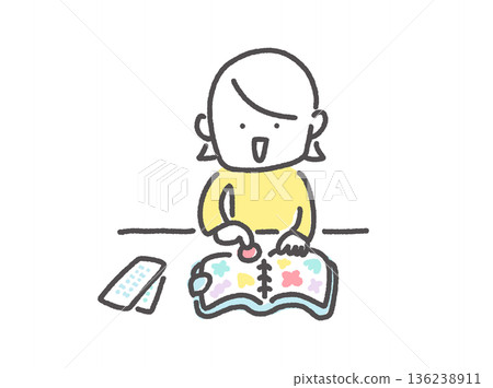 A smiling woman having fun putting stickers in a sticker book. Cute hand-drawn line drawing. 136238911