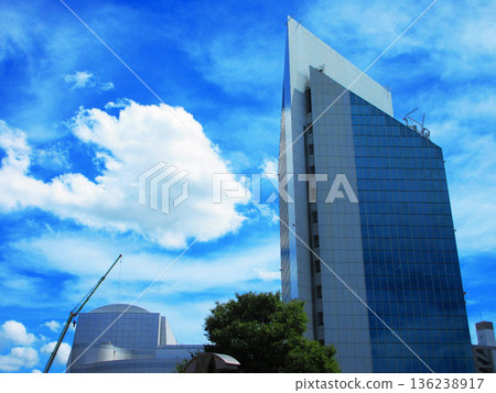Kawaguchi Cultural Center Lilia under renovation and a view of blue sky and white clouds 136238917