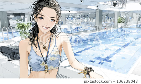Female staff performing security duties at a hotel pool | Image of safety management and resort work Female staff performing security duties at a hotel pool | Image of safety management and resort work 136239048