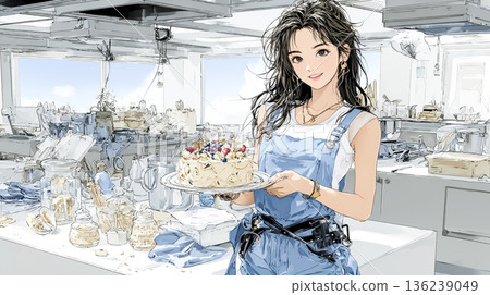 一位女糕點師手捧蛋糕 | 插圖描繪了糕點製作的工作場所和細緻的工作。 136239049