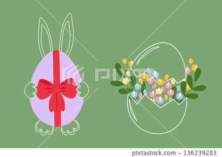 Outline Easter Bunny behind Egg with tied bow and Crack eggshell with Flowers and twigs Sticker Icon. Easter Greetings Themed Cards Minimalistic Flat design elements Poster, banner, price tag, leaflet 136239283
