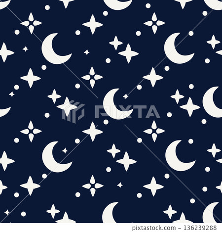Celestial night sky background featuring white moon and star shapes on dark blue for textile prints and surface design. Celestial night sky background featuring white moon and star shapes on dark blue for textile prints and surface design. 136239288