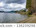 Ocean bay overview with row of recidential houses along the waterfront 136239298