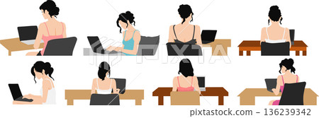 Illustration of a woman working a side job on a computer 136239342