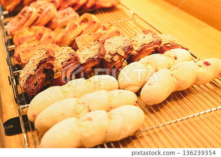 Delicious looking breads lined up Delicious looking breads lined up 136239354
