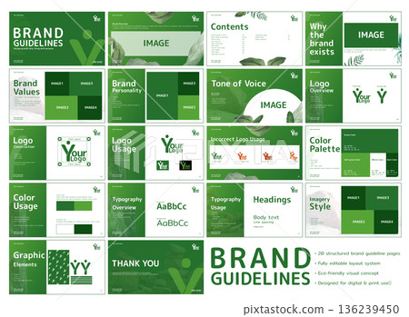 Eco brand guidelines template for green branding, logo system, typography and identity. for business use in corporate branding, visual identity systems and professional design projects for companies Eco brand guidelines template for green branding, logo system, typography and identity. for business use in corporate branding, visual identity systems and professional design projects for companies 136239450