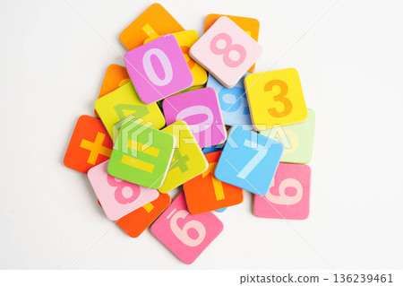 Number wood block cubes for learning Mathematic, education math concept. 136239461