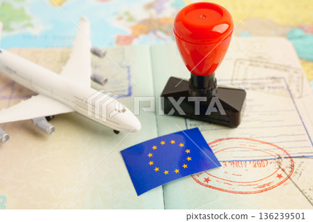 EU passport with approved stamp on document for tourism to immigration at airport in country. 136239501