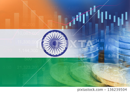 India flag on stock investment trading with coin and graph. India flag on stock investment trading with coin and graph. 136239504