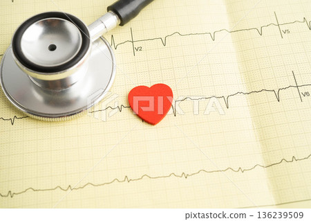 Stethoscope on electrocardiogram ECG, heart wave, heart attack, cardiogram report. 136239509