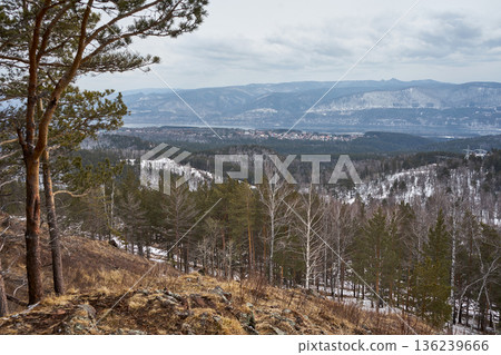 Overlooking a valley with forest and distant mountains. Scenic landscape with bare trees and a cloudy sky. Nature conservation. Overlooking a valley with forest and distant mountains. Scenic landscape with bare trees and a cloudy sky. Nature conservation. 136239666