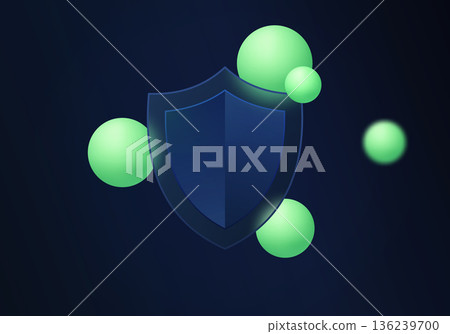 Abstract dark background with glass shield and green spheres symbolizing cybersecurity, data protection and digital security in modern glassmorphism style. 136239700