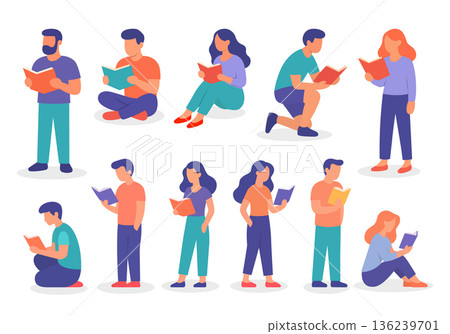 Set of diverse characters reading books in various poses, sitting, standing, and kneeling. Modern flat vector style Set of diverse characters reading books in various poses, sitting, standing, and kneeling. Modern flat vector style 136239701