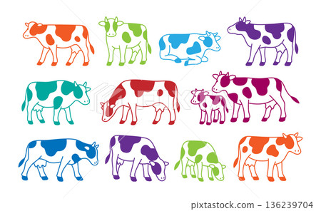 Colorful cow illustrations set. Dairy animals in colors for fun branding, kids products, and farm-themed packaging 136239704