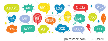 Comic style colorful speech bubbles with text. Fun doodle talk balloons for pop art, chat design, comics, and creative communication projects Comic style colorful speech bubbles with text. Fun doodle talk balloons for pop art, chat design, comics, and creative communication projects 136239709