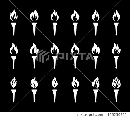 Set of white burning torch silhouettes on black background. Vector flame icons for ceremony, protest art, freedom celebration and liberty designs Set of white burning torch silhouettes on black background. Vector flame icons for ceremony, protest art, freedom celebration and liberty designs 136239711
