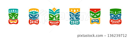 Set of six colorful tiki masks with fierce expressions. Polynesian style vector collection for festival art, tattoos and exotic cultural decor Set of six colorful tiki masks with fierce expressions. Polynesian style vector collection for festival art, tattoos and exotic cultural decor 136239712