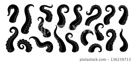 Squid tentacles with suction cups. Vector curled octopus arms for nautical design, underwater fantasy monster and marine themes Squid tentacles with suction cups. Vector curled octopus arms for nautical design, underwater fantasy monster and marine themes 136239713