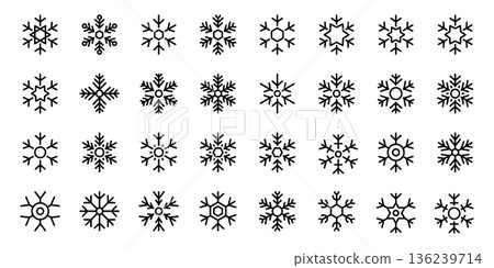 Collection of 32 black snowflakes. Minimal winter vector illustration set for holiday, Christmas, and seasonal designs Collection of 32 black snowflakes. Minimal winter vector illustration set for holiday, Christmas, and seasonal designs 136239714