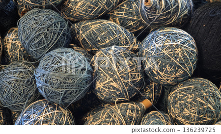 A group of yarns dyed with indigo and natural colors used in handicrafts and weaving. A group of yarns dyed with indigo and natural colors used in handicrafts and weaving. 136239725