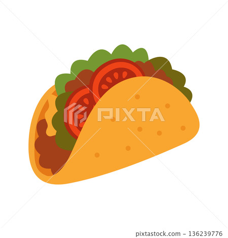 Traditional Mexican taco with vegetables and meat. Flat vector food illustration for cuisine and restaurant themes Traditional Mexican taco with vegetables and meat. Flat vector food illustration for cuisine and restaurant themes 136239776