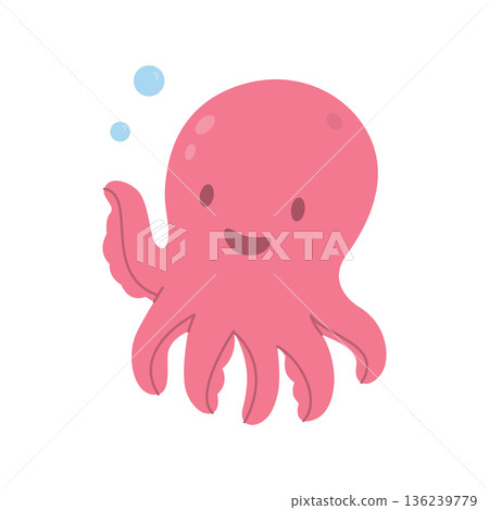 Cheerful cartoon pink octopus with bubbles. Happy underwater animal waving with friendly face, flat vector design for kids and marine themes. Cheerful cartoon pink octopus with bubbles. Happy underwater animal waving with friendly face, flat vector design for kids and marine themes. 136239779