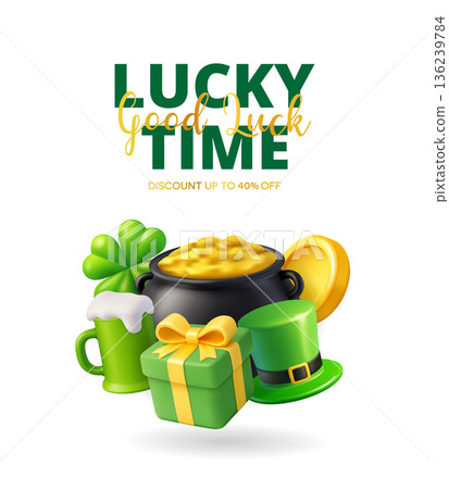 St. Patricks Day discount banner with pot of gold, beer mug, green gift box, shamrock and leprechaun hat 136239784