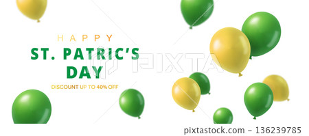 St. Patricks Day sale banner with floating green and yellow balloons on white background 136239785