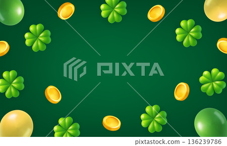 St. Patricks Day illustration with shamrocks and gold coins on green background 136239786