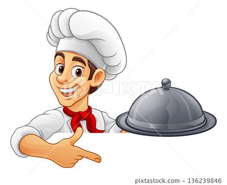 Chef Baker Cook Platter Cartoon Man Pointing Sign 136239846
