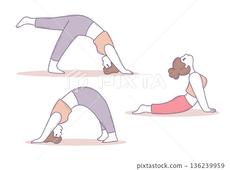 Cute Woman Doing Yoga Set. Fitness and Stretching Back, Pulls Head Up and Down. Isolated Female Character Color hand-drawn, doodle. Vector illustration. Not AI Cute Woman Doing Yoga Set. Fitness and Stretching Back, Pulls Head Up and Down. Isolated Female Character Color hand-drawn, doodle. Vector illustration. Not AI 136239959