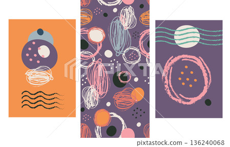 Posters and seamless pattern set in trendy style and bright colors Posters and seamless pattern set in trendy style and bright colors 136240068