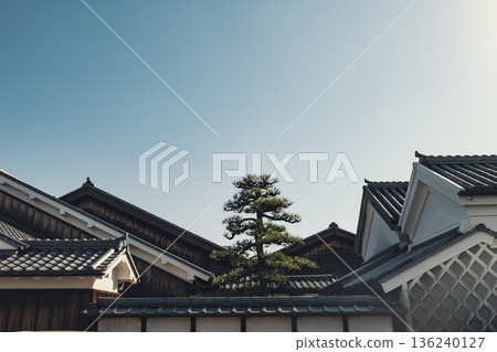 傳統的日式聯排別墅屋頂、藍天、日式建築和寧靜的街景 傳統的日式聯排別墅屋頂、藍天、日式建築和寧靜的街景 136240127