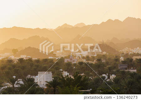 Houses among palm grove in old town of Nizwa, Oman 136240273