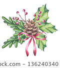 Christmas decoration pine cone with red ribbon, ilex berry and holly green leaves. Bright New Year card. Hand drawn watercolor illustration on isolated background. For postcard, invitation, logo. 136240340