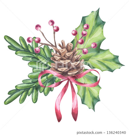 Christmas decoration pine cone with red ribbon, ilex berry and holly green leaves. Bright New Year card. Hand drawn watercolor illustration on isolated background. For postcard, invitation, logo. 136240340
